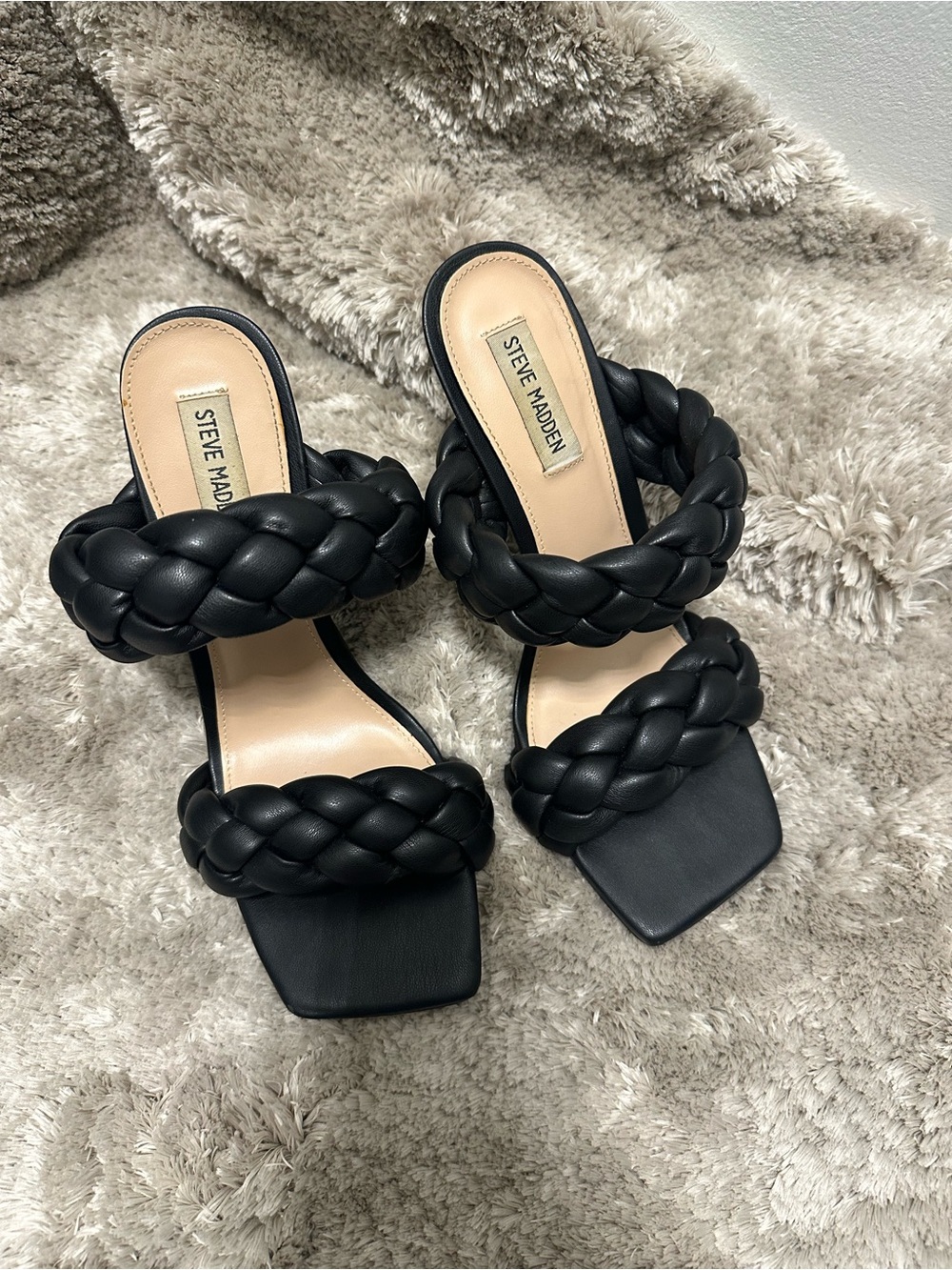 Steve Madden Black Braided Double-Strap Square-Toe Heels